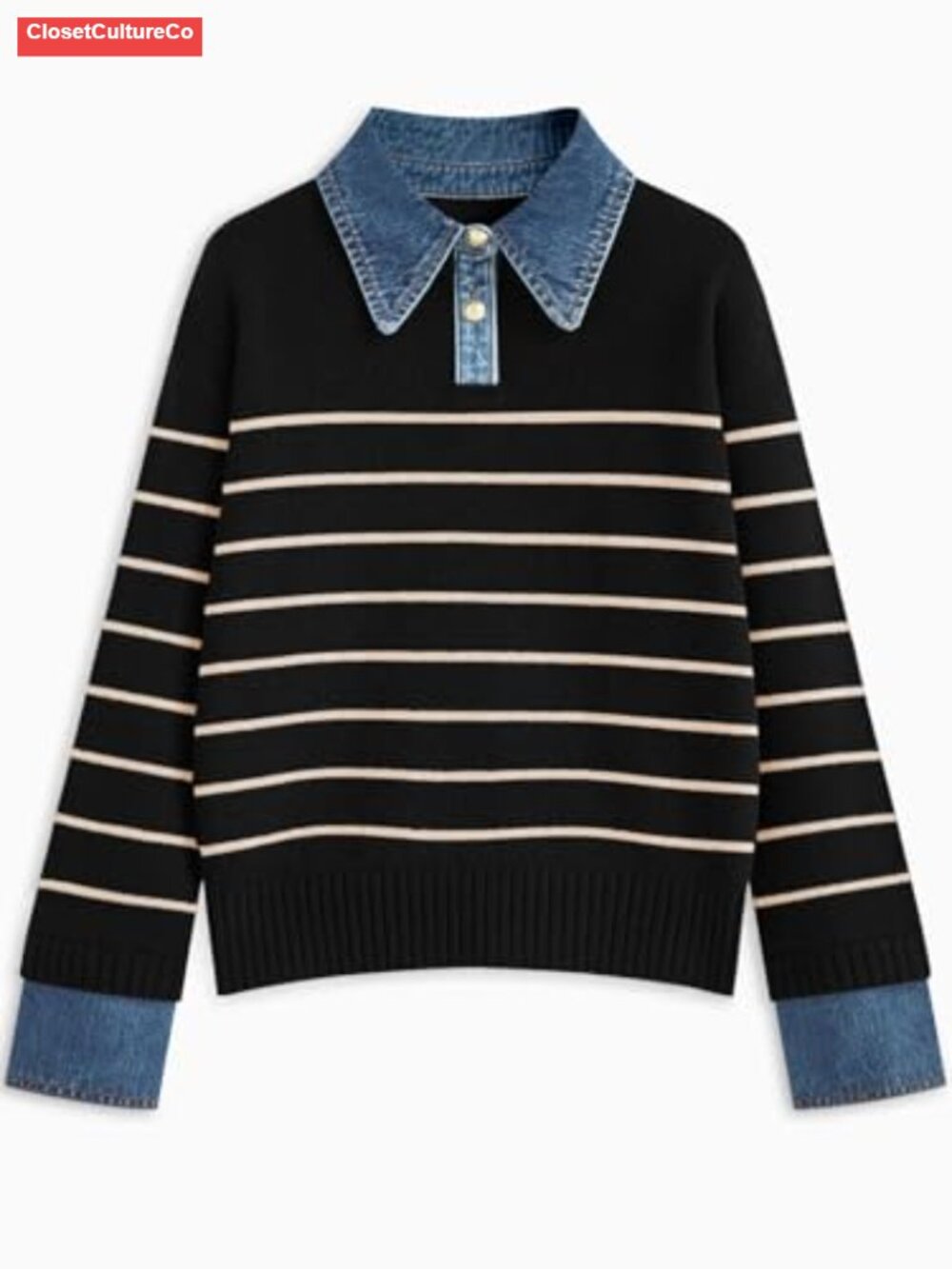 Oversized V-Neck Collared Knit Pullover Sweater with Metal Buttons